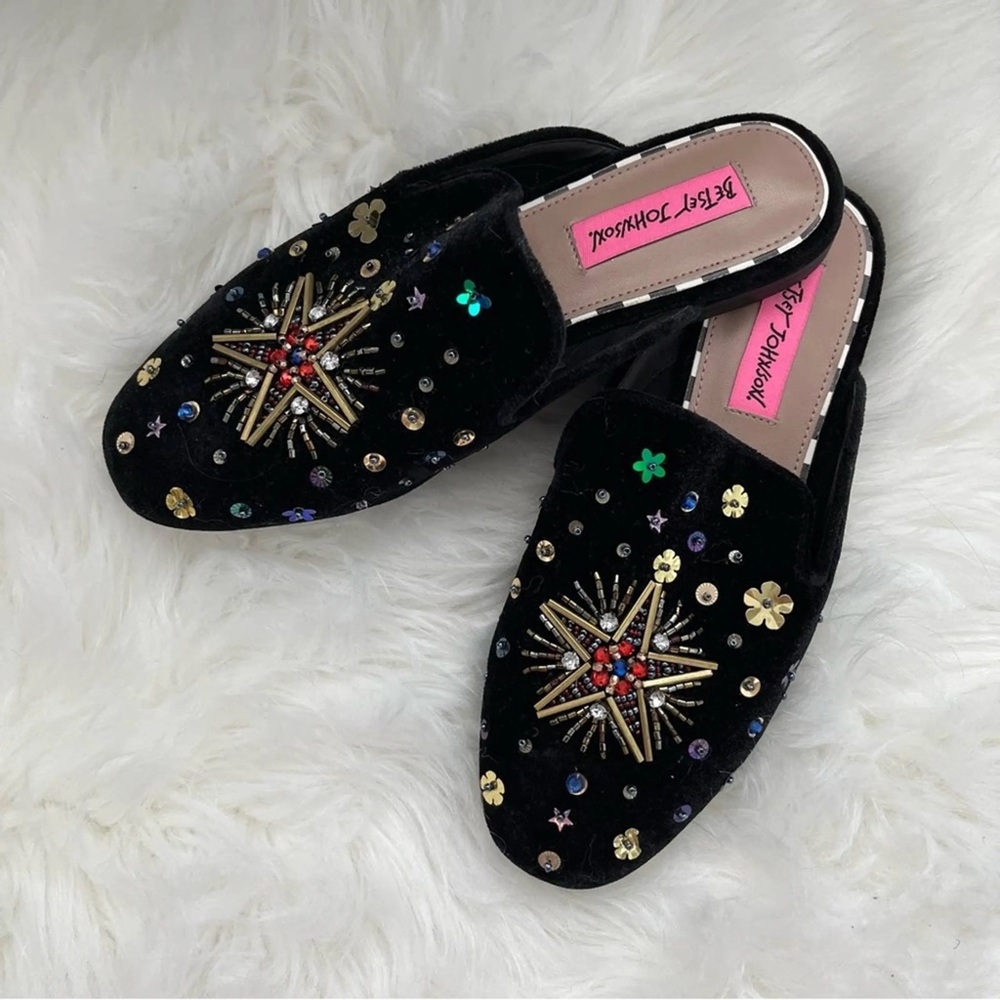 Betsey Johnson Solar Velvet Black Mules with Colorful Embellishments